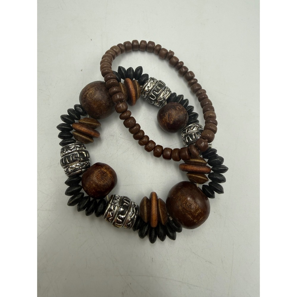 Boho Wood Bead Stretch Bracelet Set Silver Tone Tribal Stackable 2 Piece Brown